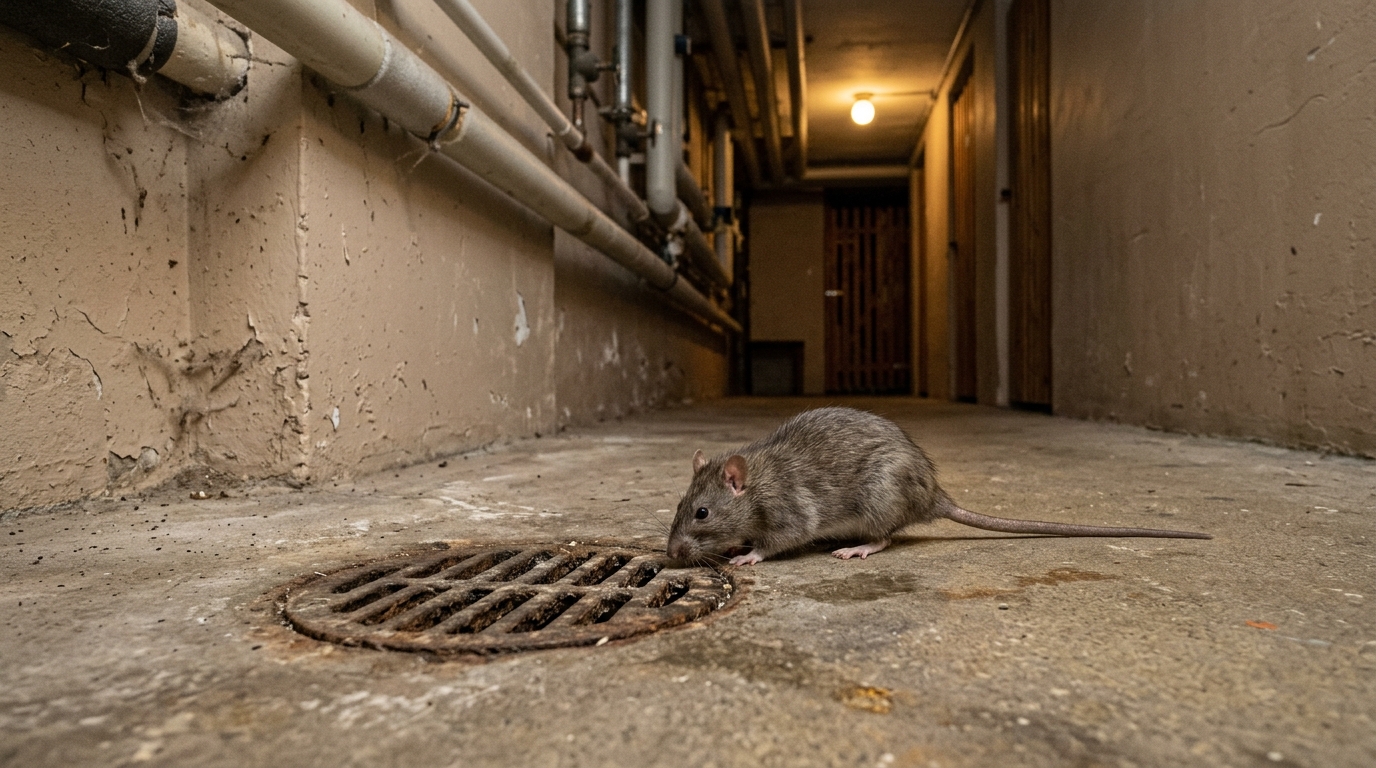 Rat d'égout (surmulot) près d'une bouche d'égout au pied d'un immeuble à Vaulx-en-Velin
