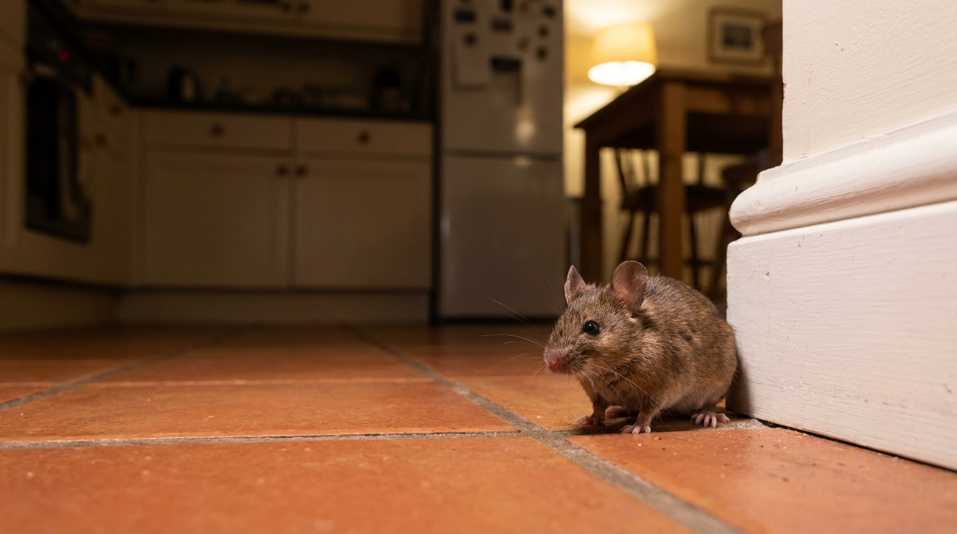 Souris grise repérée près d'un plan de travail dans un appartement de Vaulx-en-Velin