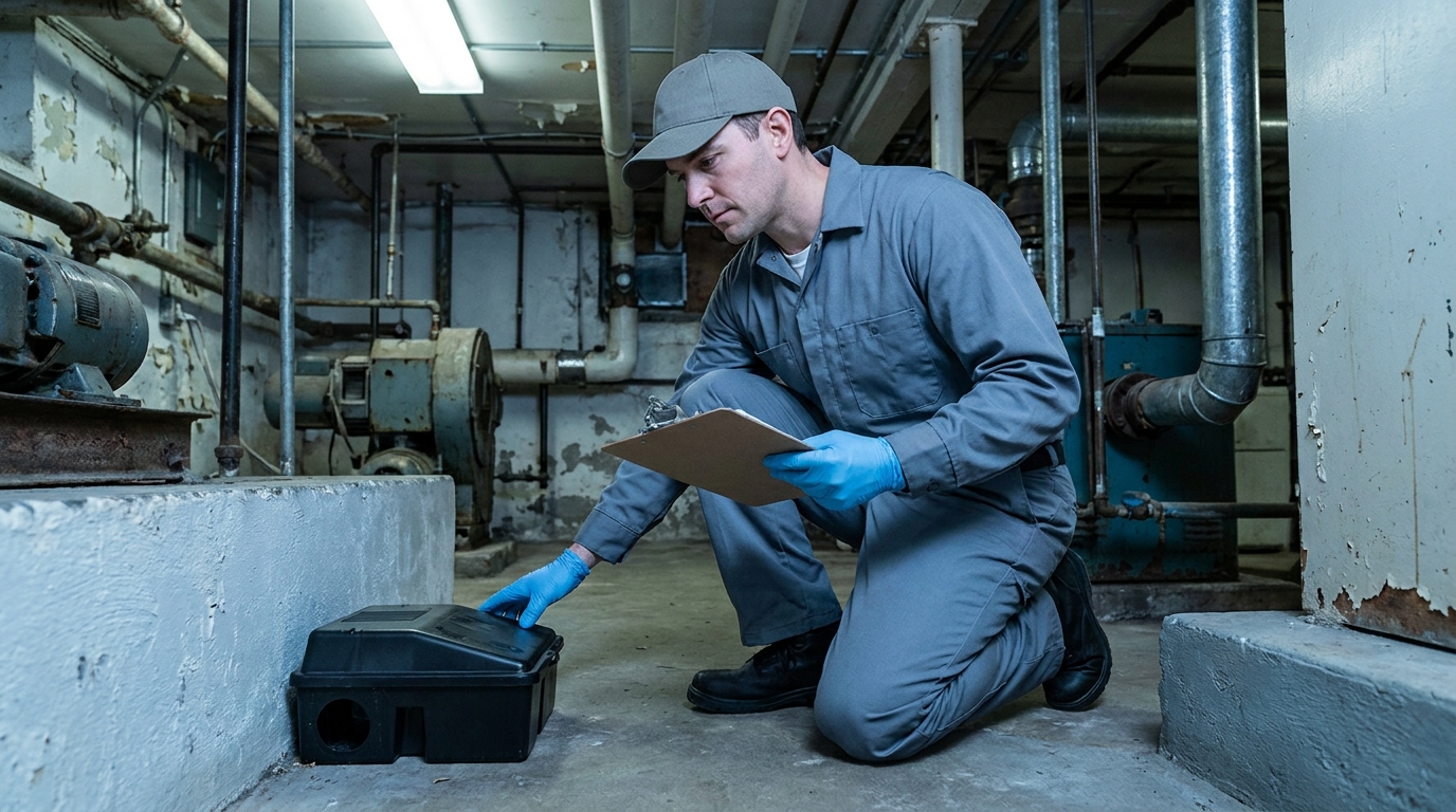 Technicien dératiseur inspectant une gaine technique lors d'une intervention à Vaulx-en-Velin